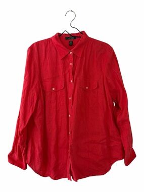Lauren Ralph Lauren Womens Linen Button Up Red Lightweight Beach Coastal 2X